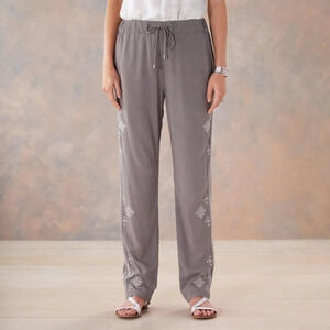 Sundance Catalog “Tone It Up Pants” Embroidered Slouchy Pants w pocket tie waist